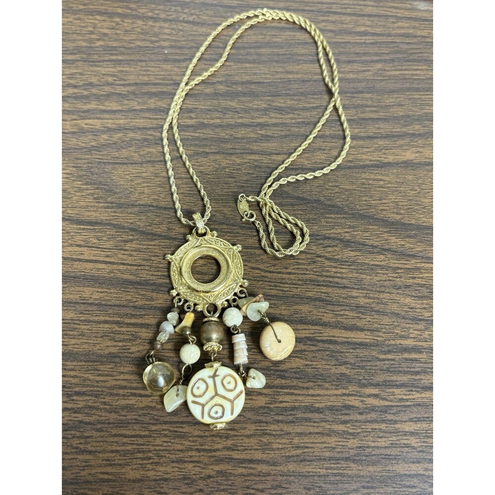 Vintage Trifari TM Boho Pendant Necklace Gold Tone Art Glass Faux Stone J2